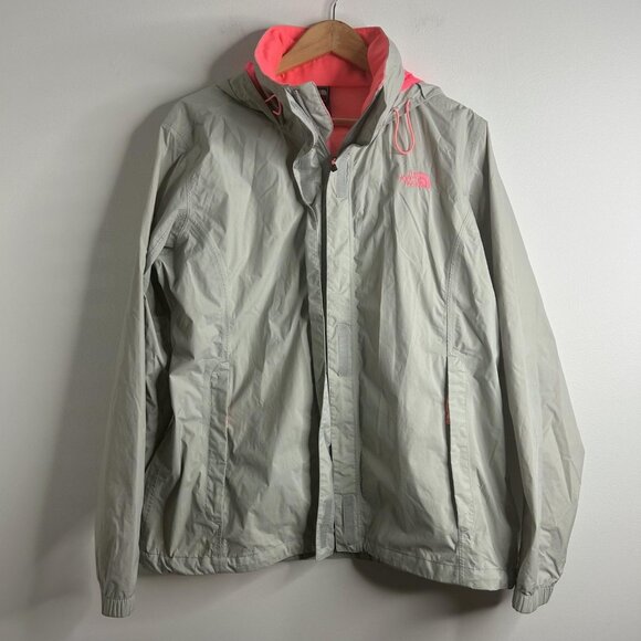 The North Face Jacket Womens XL Gray Pink Hooded Full Zip Rain Windbreaker Coat - Picture 1 of 11